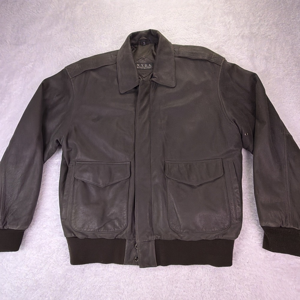 NYDA‎ Mens Medium Soft Leather Bomber Jacket Dark Brown Full Zip Vintage